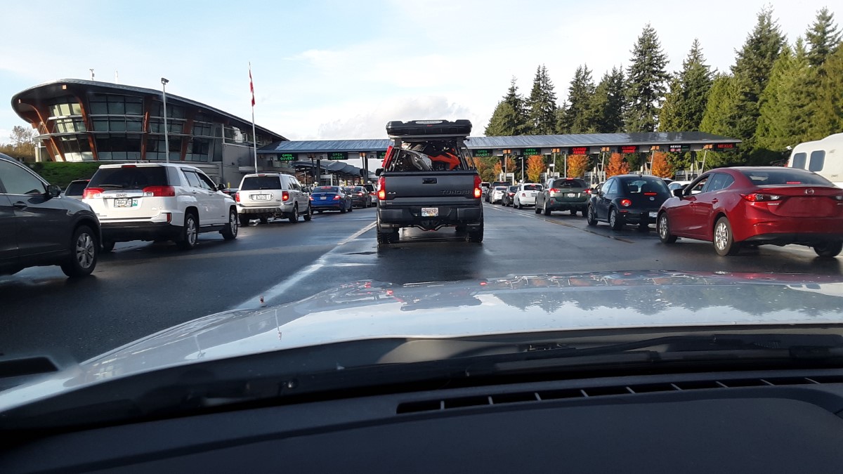 Waiting in line at Customs at the Canadian border.