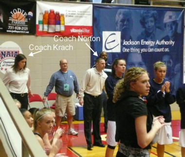 Assistant Coach Amy Krach (standing), Bill Traverse (JEA), Coach Jonathan Norton, Terri Franklin (JEA,the tall guy in the back in front of the JEA banner.)