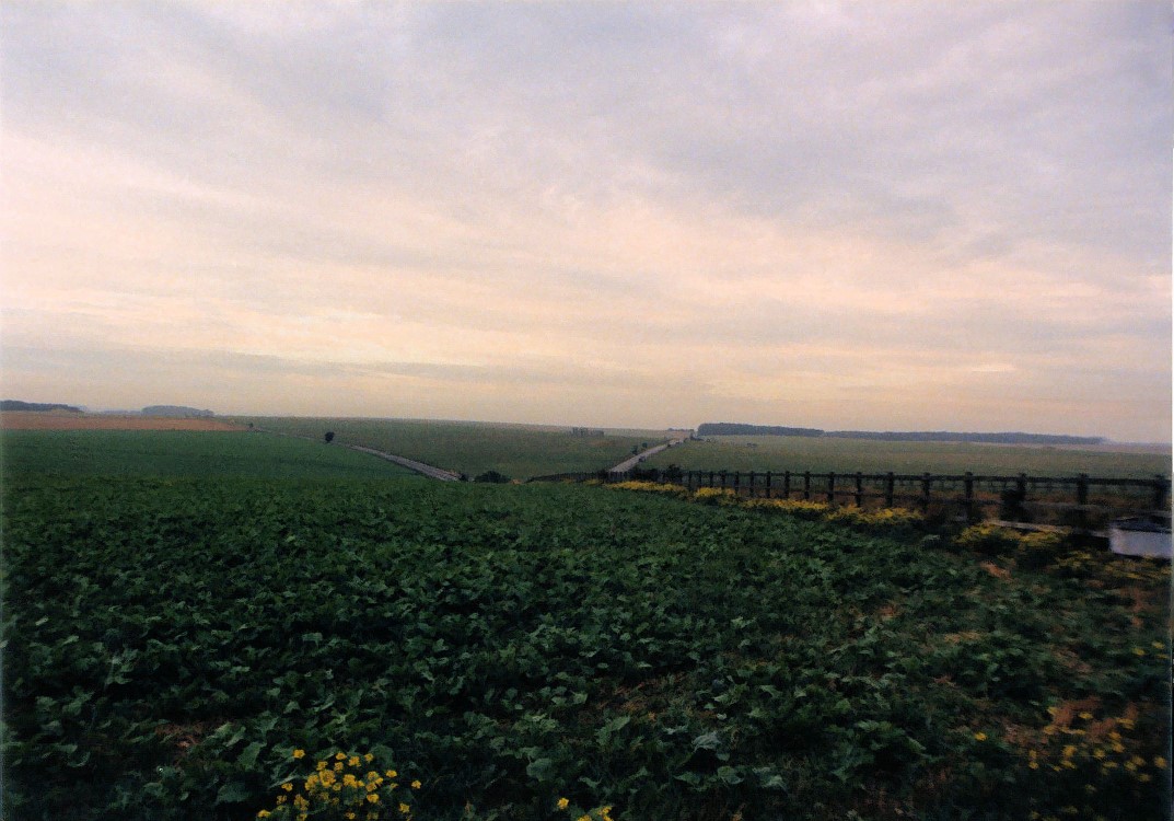 Approaching Stonehenge in the distance from Amesbury (1988).