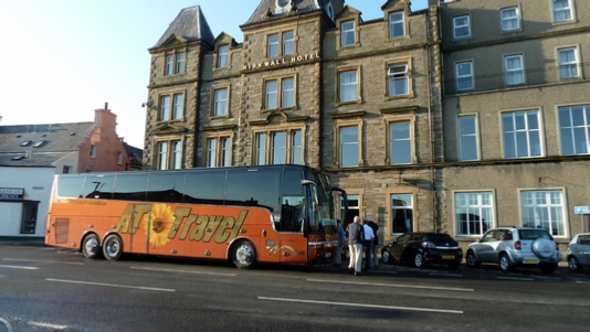 Boarding our Luxury Coach at the Kirkwall Hotel