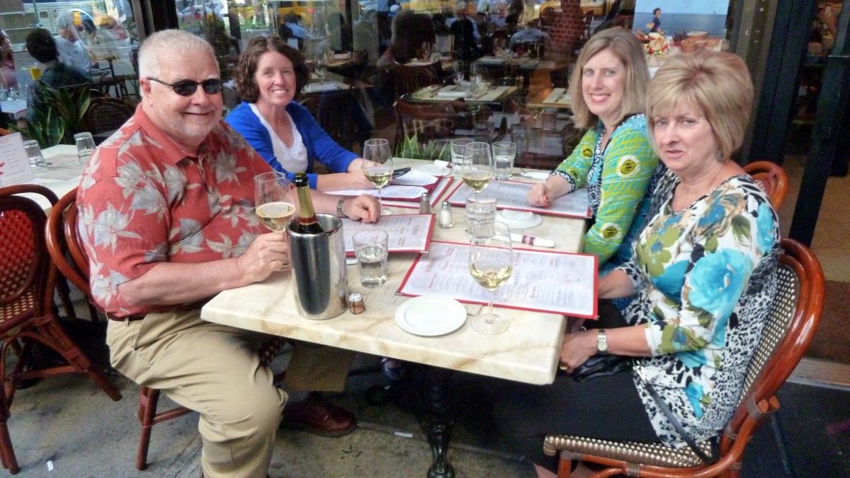 We are eating our first meal at the Maison Brasserie on the way to a night at the Theater. We decided to take in the <i>Jersey Boys</i>. Amy, Glenda, Delores and I enjoyed a little bubbly whilst awaiting our meal.