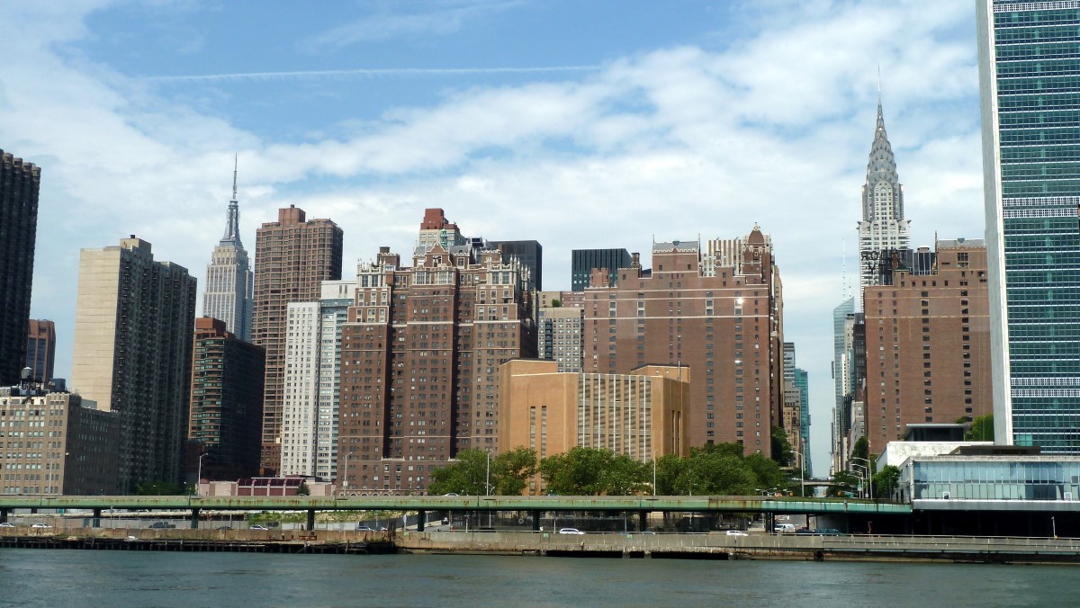 Midtown Manhattan from the East River with The Empire State Building and the art deco Chrysler Building.