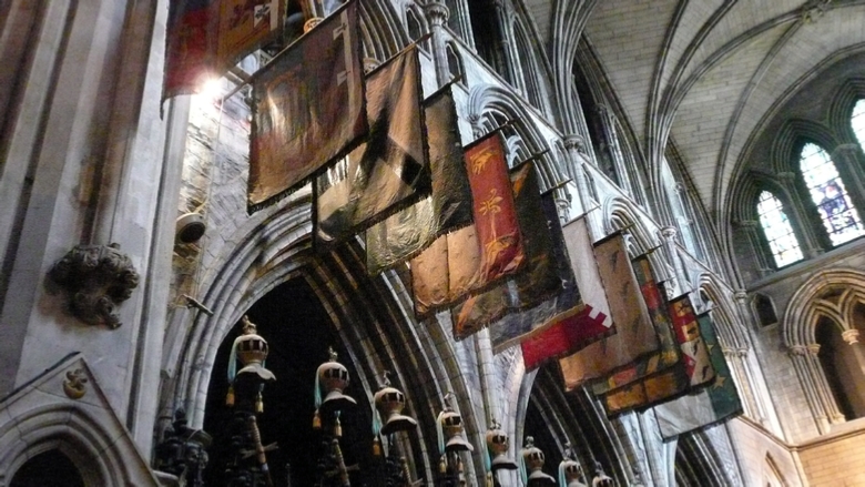 The flags of the Most Illustrious Order of St. Patrick flying above the Choir