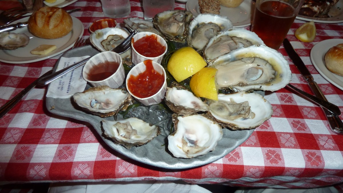 A dozen blue point oysters at the Central Station Oyster Bar. Along with a plate of fried clams and a local brewed beer, a fine repaste!