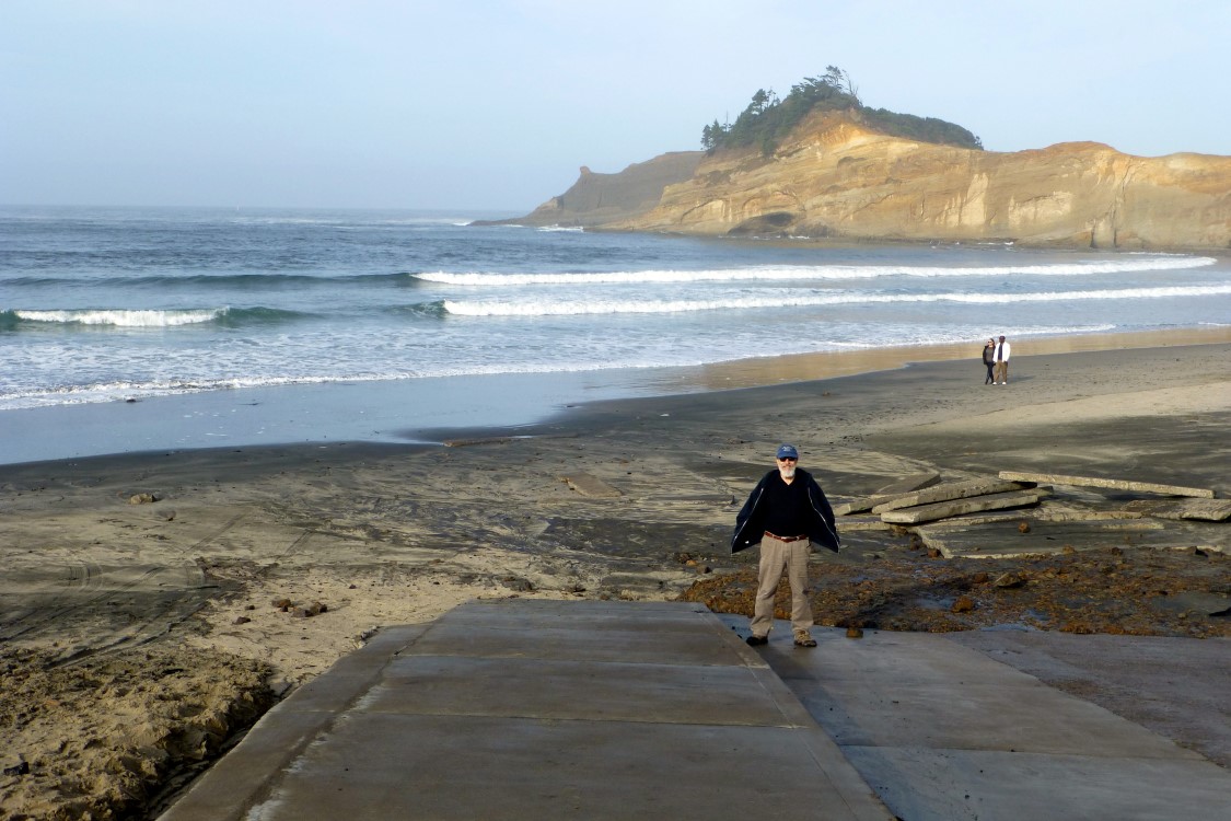 Jr stands at the bottom of the Pacific City Dory launch ramp. Dories are not only famous as a fishing vessel, but Dorymen are known as first responders for distress calls and other marine emergencies.