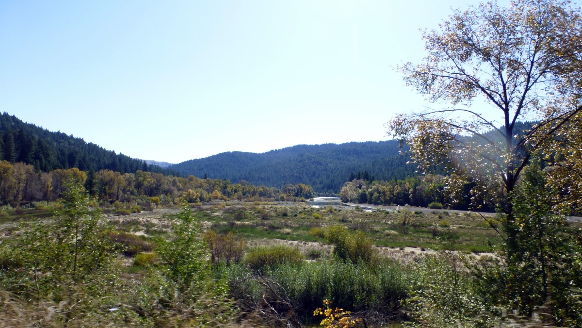 US101 followed the South Fork of the Eel River. This view of the Eel River Valley shows the nearly dry river bed. The trees on the mountain slopes are all giant redwood.