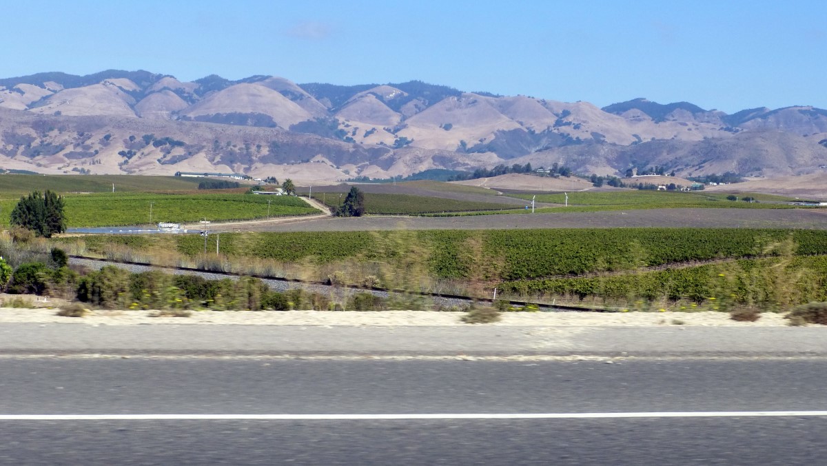 I’ve been showing you the beautiful ocean views. However, the Santa Luchia Range to the west of us was typical since we hit Cali. The green splotches are trees while the rest is dry scrub. The cultivated fields in the foreground are green due to irrigation.