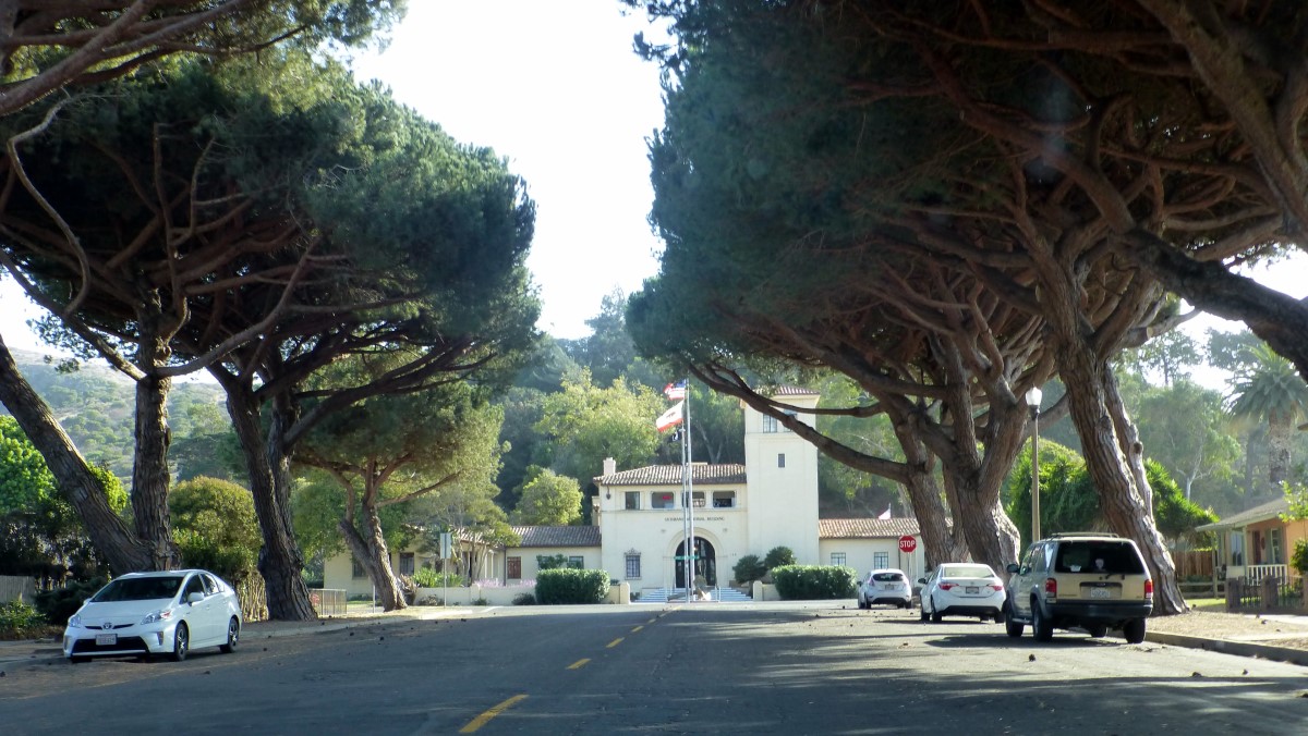 At the end of this lovely tree lined street is the Veterans Memorial Building.