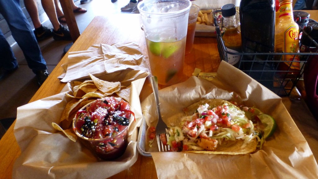 For lunch today I had a delicious poke bowl of yellowfin tuna, a shrimp taco and a glass of black currant tea.