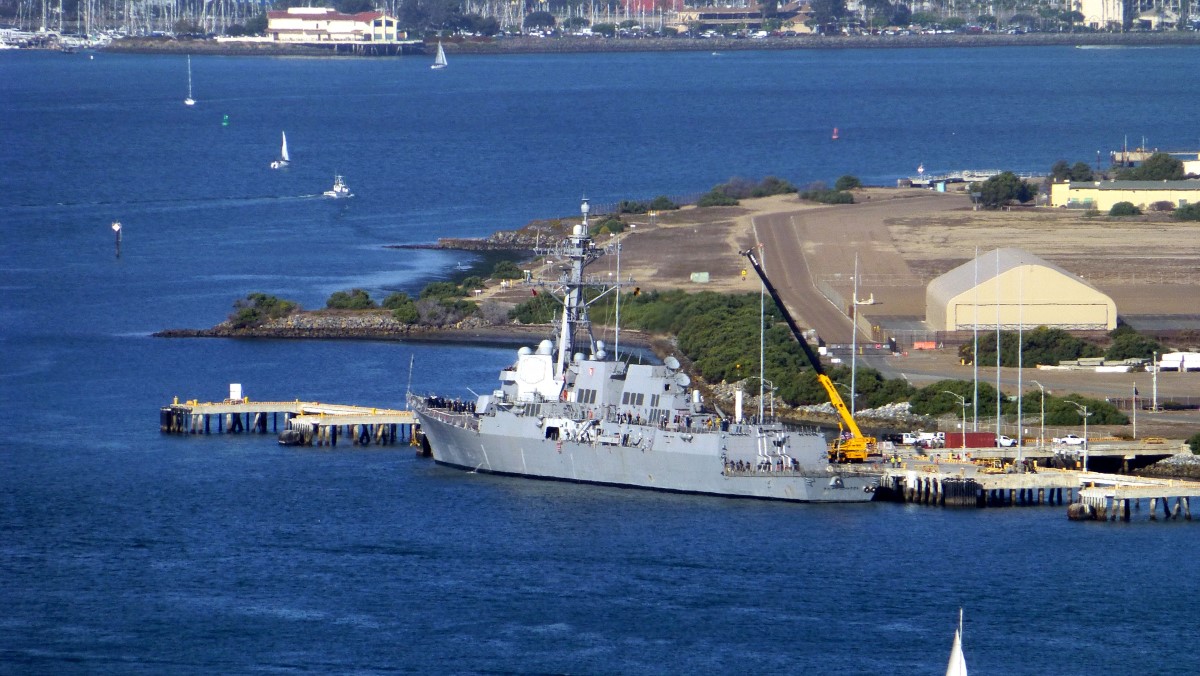 From the Cabrillo National Monument I saw this naval vessel moored at the San Diego NAS. It is the USS Ralph Johnson, an Arleigh Burke class Destroyer.