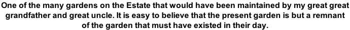 One of the many gardens on the Estate that would have been maintained by my great great  grandfather and great uncle. It is easy to believe that the present garden is but a remnant  of the garden that must have existed in their day.