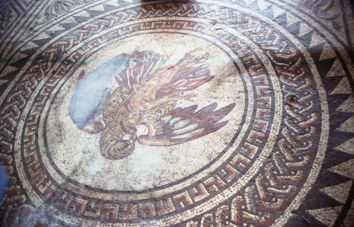 Mosaic tile of a Falcon at Chedworth Roman Villa