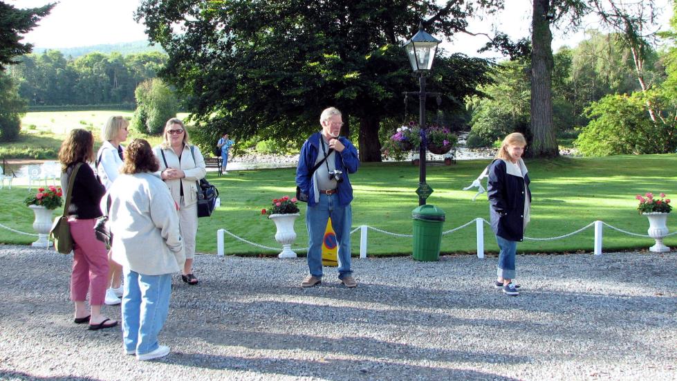 Many of my fellow Beatonites gathered outside of the Banchory after our arrival. Behind them is the River Dee.