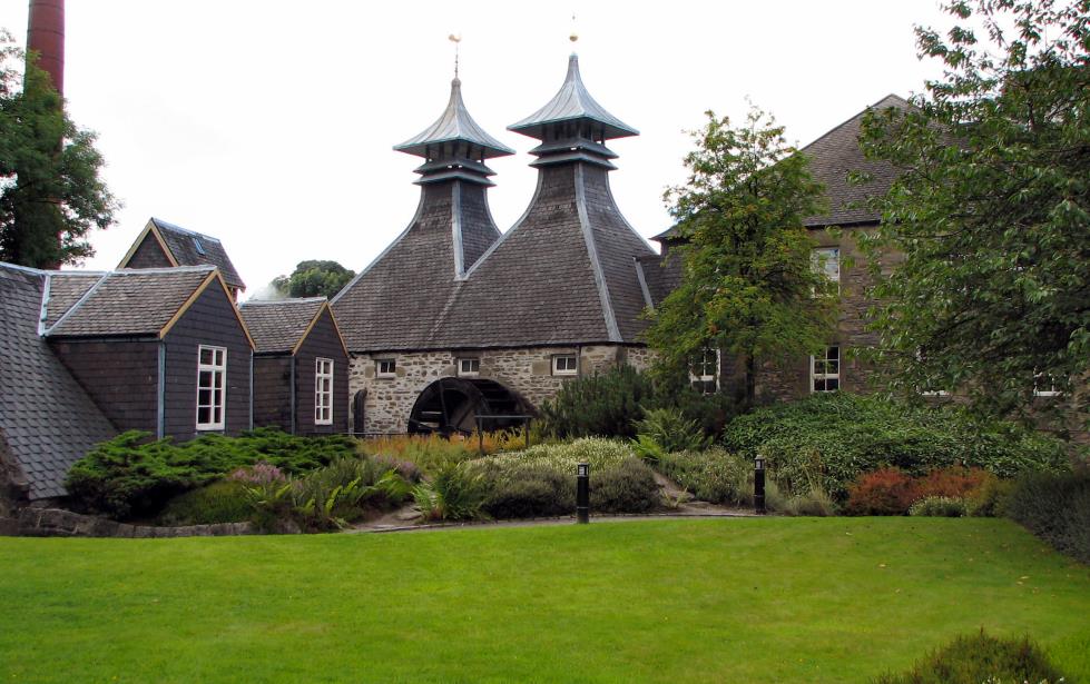 The twin pagodas enclose the distinctive copper stills at Stratisla Distillery. Founded in 1786, it is the oldest continuously operating distillery in Scotland and is the primary Scotch Whisky in Chivas Regal.