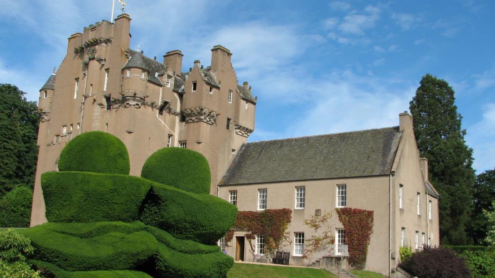 Crathis Castle is an excellent example of a tower castle. Viewed from the gardens, the addition on the right was added in less aggressive times.