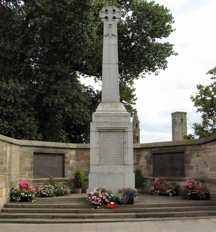 At the war memorial at St. Andrews are inscribed the names of the men who fell in the great wars. It contains the names of 186 men who fell in WWI and 96 who fell in WWII.