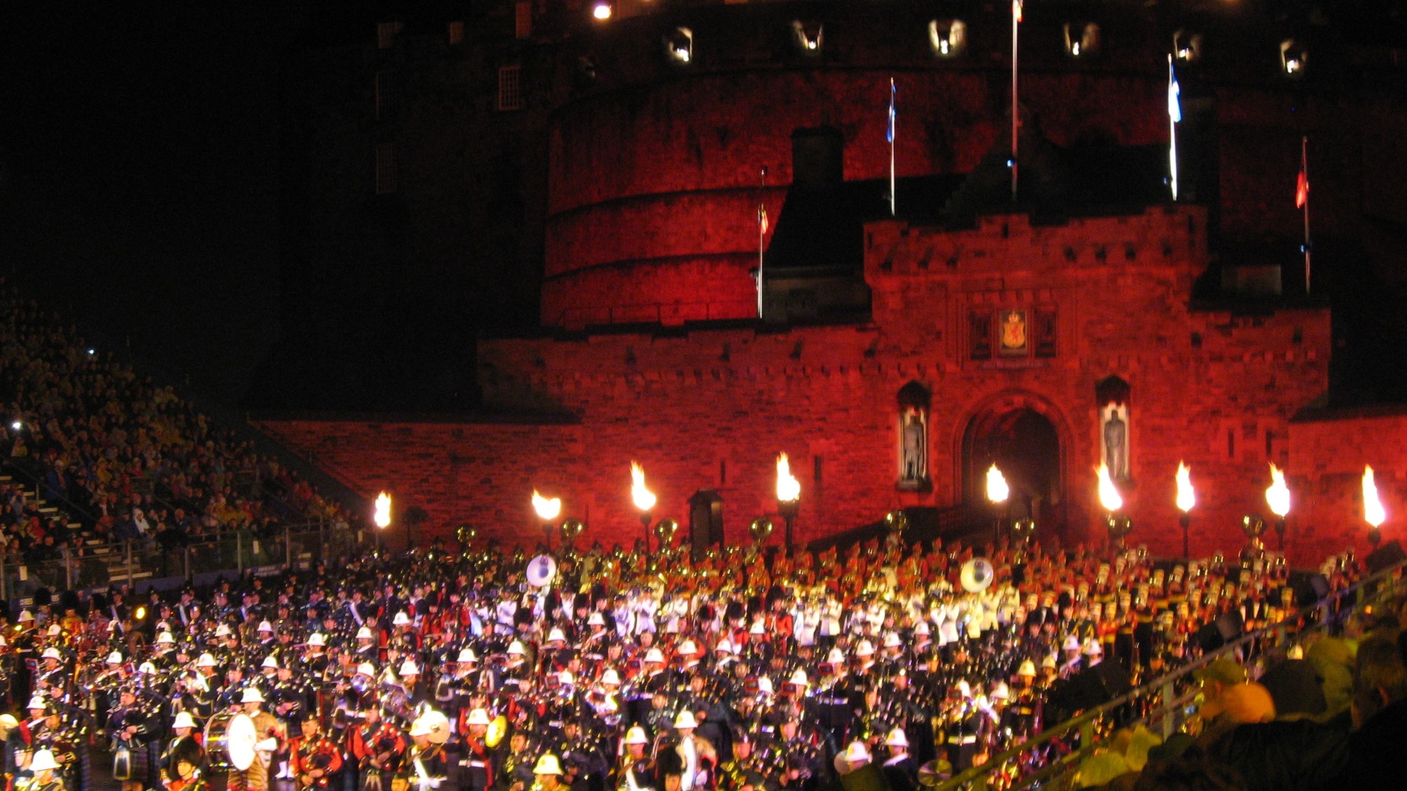 The Esplanade and Castle during the Edinburgh Tattoo with the massed Pipes and Bands. (2008)