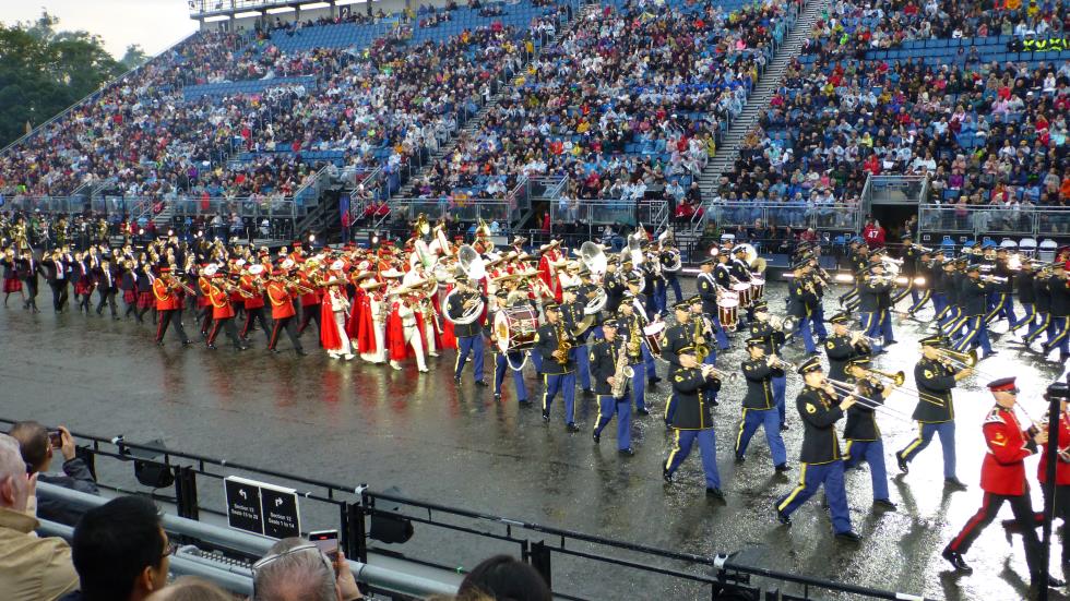 The massed performers leaving the Esplanade during the grand finale.