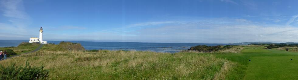 A panoramic view of the Lighthouse, the Castle and the 9th and 10th holes of the Aisla Course