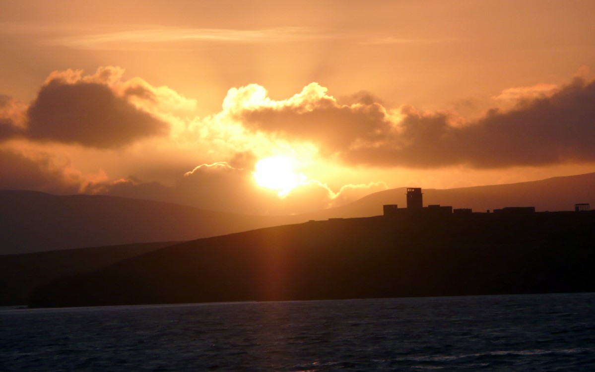 Sunset over Hoxa Head and what appears to be coastal batteries from WWII