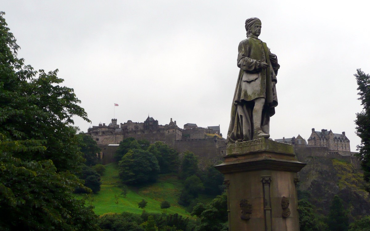 Edinburgh Castle from Prince's Street looking over the shoulder of the poet Allan Ramsay.