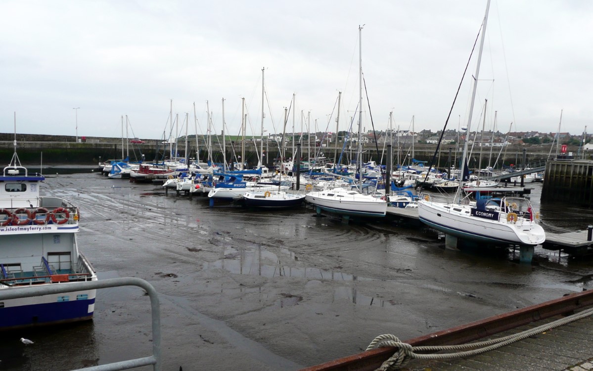 The tide is out in the Anstruther Harbour.