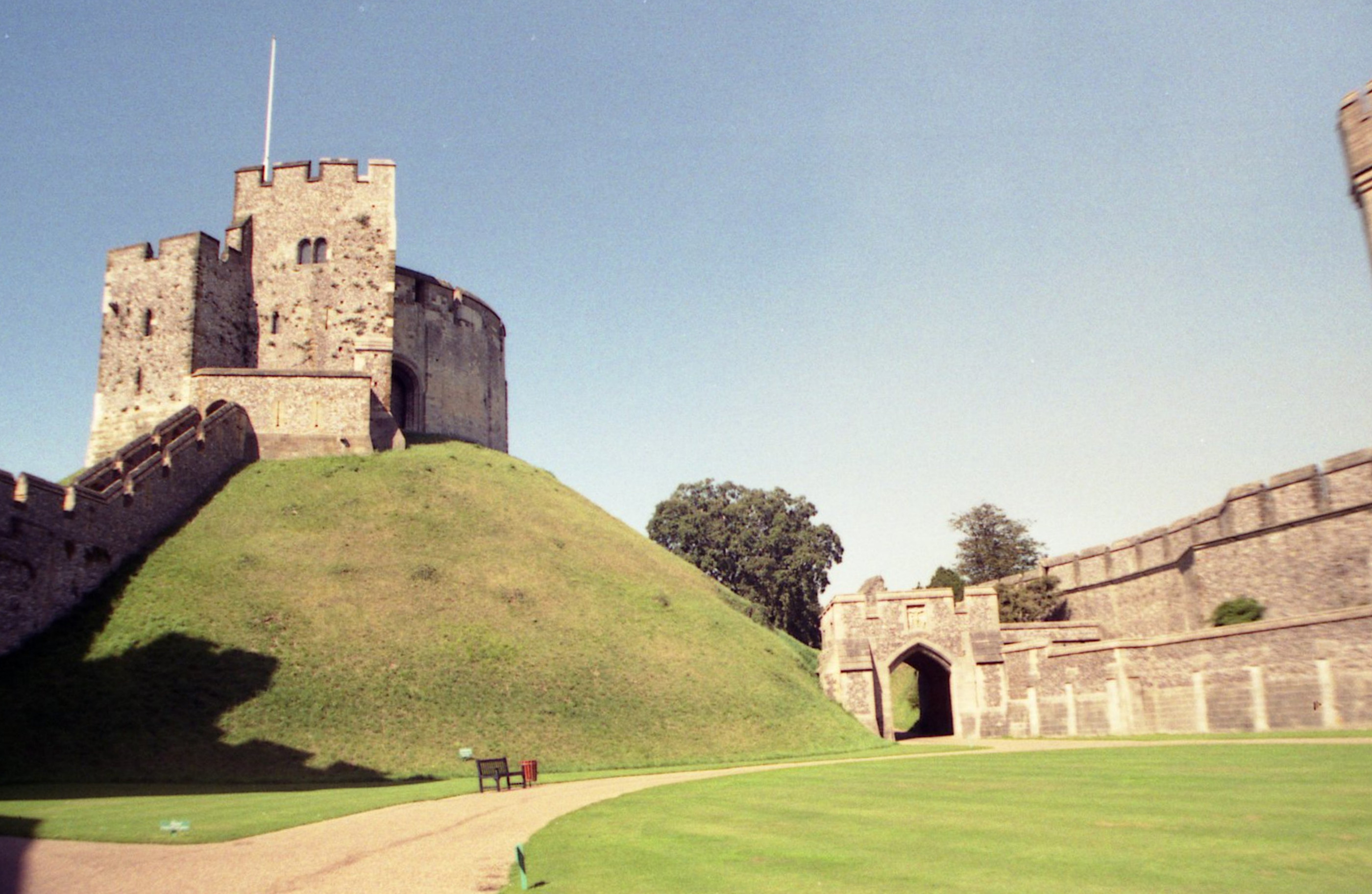 Looking at the Keep from the Bailey. The man made hill is the Motte.