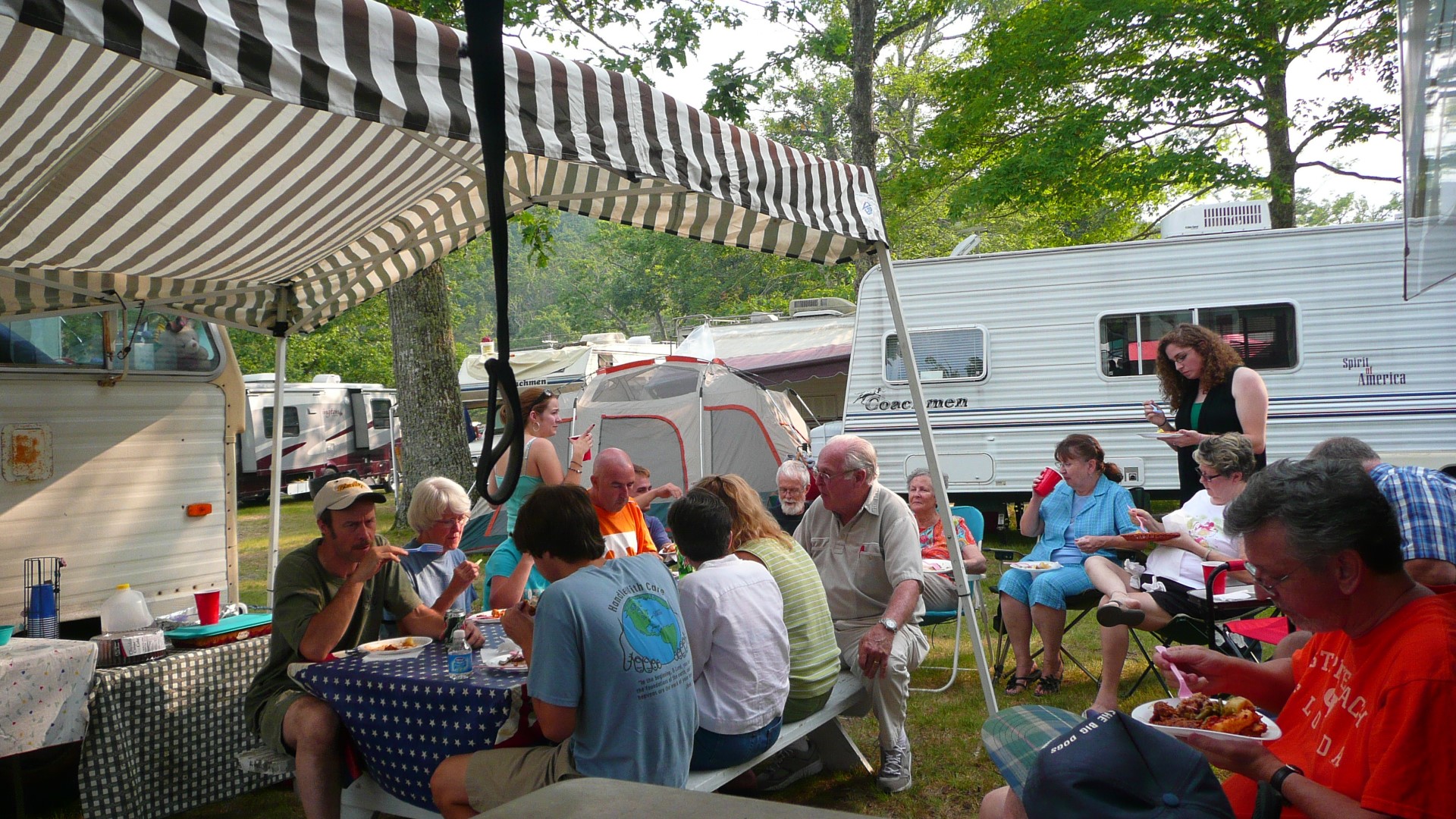 The MacPhersons, Campbells and Friends gather for dinner at the campground.